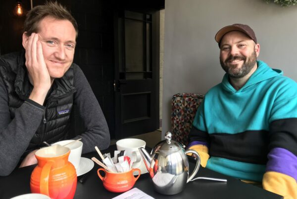 BirdWatch Ireland’s Ricky Whelan with street artist, James Kirwan at Notions Coffee, Mountmellick, September 2022