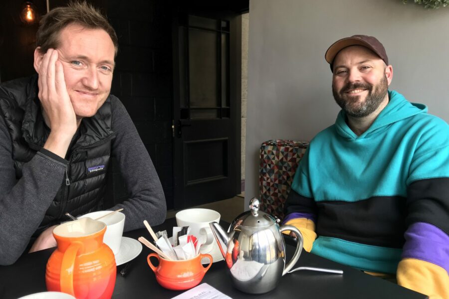 BirdWatch Ireland’s Ricky Whelan with street artist, James Kirwan at Notions Coffee, Mountmellick, September 2022