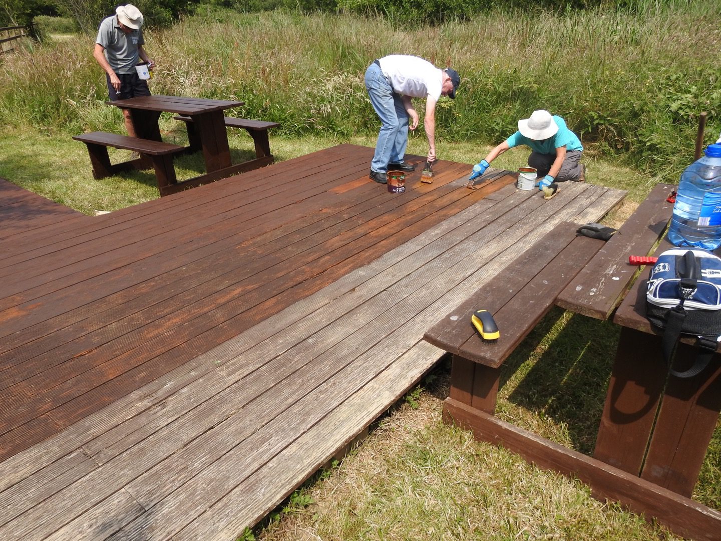 Volunteers-painting-a-wooden-boardwalk-in-a-reserve