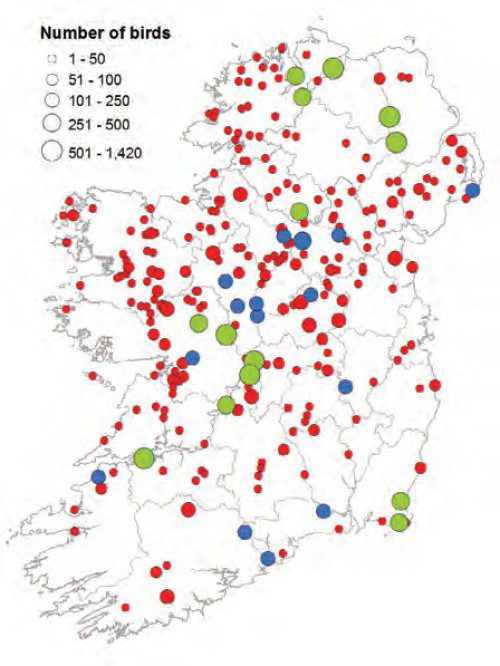 Map showing the distribution of Whooper Swans in Ireland in the January 2020 Swan Census.